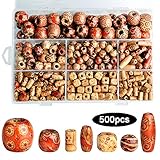 500pcs African Beads for Hair - Mixed Painted Drum Wood Spacer, Long Barrel, Natural Round Wooden Loose Beads for DIY Macrame Crafts Bracelet Necklace Jewellery Making (7 Shapes)