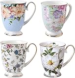 4 Piece Porcelain Mug Set - Bone China Floral Coffee Tea Water Cup - Tea Coffee Cappuccino Home Kitchen Office Gift Mug Set - 11 oz/312 ml