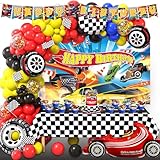 Hot Race Cars Wheels Birthday Party Decorations Kit Including Backdrop,Banner,Balloon Garland Arch, Tablecloth, Cake Toppers