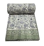 YUVANCRAFTS Indian Block Print Quilt Queen Kantha Quilts Kantha Throw Kantha Bedspread Blanket Cotton Bed Cover Quilt Boho Kantha Quilts Bedspread (Light Green, Queen 90 X 108 Inch)