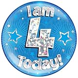 OAKTREE UK 633360 6" Jumbo Badge I am 4 Today Blue Holographic Cracked Ice