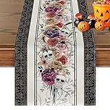 Halloween Table Runner Skull Rose Print Tablecloth Waterproof Table Decor Gothic Unfading Heat Resistant Halloween Decoration for Dining Table TV Stand 13x72inch