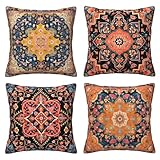HOSTECCO Ethnic Cushion Covers 45x45 cm Set of 4 Boho Carpet Pillow Cases Tribal Farmhouse Decorative Pillow Covers for Sofa Couch Office