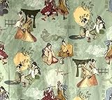 Samurai Green Cotton Fabric Panel L140xW100cm Pale Green Japanese Style Print People Toile Sewing Material Textile for Blinds Pillows Arts Crafts
