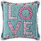 SKTWOE Latch Hook Cushion Kit LOVE Pattern Pillowcase Sewing Making Kits DIY Croet Yarn Kits Cross Stitch Embroidery Kits for Adults Kids DIY Craft Carpet Making Kit 43Cmx43cm