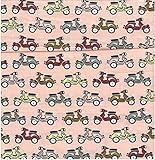 1 Metre - Peach Multicoloured Scooters On Parade 100% Fine Yarn Cotton Fabric Cartoon Print Kids Shirts Dressmaking, Patchwork Quilting 112cm / 44" Width