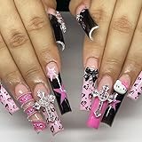 MouyouGlow Press on Nails Extremely Long, Ballerina Pink Kawaii Cute 3D Bow Kitty Stars Cross Rhinestone Pearl Bow Tie Cartoon Leopard Fake Nails Artificial Nails with Nail Glue, Gyaru Artificial