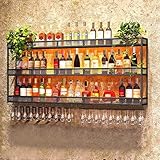 Wall Mounted Wine Rack with LED Glass Holder, Liquor Bottles Shelves Display Storage Organizer Hanging Long Stemware Goblet Metal for Home Mini Bar Cellar Black