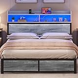 YITAHOME Bed Frame,LED with Headboard,USB Ports & Charging Outlets,Metal Platform Bed Frame with 2 Tiers Storage Shelves, No Box Spring Needed Super King Size