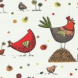 ‘Cluck, Cluck…’ Hens and Chicks fabric (Countryside edition) - red, orange, caramel, lemon, peach, green, grey and taupe grey on cream white base cloth | 100% Cotton Designer Print | 160 cm (63 inches) wide | Per half metre increment