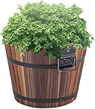 PAMEER Rustic Wooden Barrel Planters – Wooden Bucket Barrel Planter, Flower Pots Boxes Container, Large Round Garden Pots with Drainage Holes for Outdoor & Indoor Plants (Large)