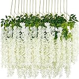 12Pcs Artificial Wisteria Flowers 43 inch/Piece White Dense Artificial Fake Wisteria Vine Ratta Hanging Garland Silk Flowers String Home Party Wedding Decor(White-Dense）