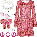 BITOWO 70s Fancy Dress Hippie Costume for Women, 1960s 1970s Disco Outfit with Accessories (XL), Pink