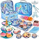 Toddlers Tea Set Frozen Toys Gifts for Girls 3 4 5 6 7 Years Frozen Elsa Tin Tea Party Set & Luxury Food Playset & Carry Case Princess Tea Time Kitchen Pretend Play Toys Princess Gift for Kids Girls