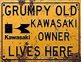 BigBazza Vintage Rustic Advertising Retro Wall Tin Plaque 20x15cm - Pub Shed Bar Man Cave Home Garage Kitchen Gift Metal Sign - Grumpy Old inspired KAWASAKI Owner Lives Here, yellow