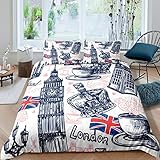 Loussiesd Girls Big Ben Comforter Cover Boys Famous Telephone Booth Bedding Set for Kids Teens Retro London Cityscape Duvet Cover Blue Vintage UK Theme Room Decor King Size Quilt Cover 3Pcs