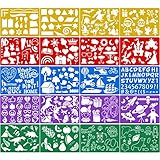 Qpout 20Pack Color Drawing Templates for Kids, Plastic Painting Letter Number Stencils for Baby Shower Birthday Halloween Christmas Dinosaur Party Bag Favor Supplies Toddlers Preschool Painting Tool
