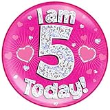 OAKTREE UK 633063 6" Jumbo Badge I am 5 Today Pink Holographic Dot
