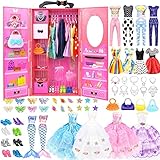 84 Pack Doll Clothes and Accessories with Doll Closet for 11.5 Inch Doll Fashion Design Kit Girl Including Wedding Dress Fashion Dress Outfits Tops and Pants Shoes Hangers Bags Necklaces