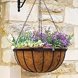 Garden Mile® Garden Hanging Flower Basket 16'' Metal Plant Holder with Coco Liner Outdoor Plant Pot Planter with Hanging Chain Heavu Duty Flower Pot Basket Pre-Lined for Easy Planting