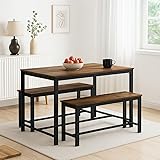 URBNLIVING 3-Piece Dining Table Set – Wooden Table with Sturdy Metal Frame & 2 Benches – Space-Saving Furniture for Kitchen, Dining Room, or Living Area - Rustic Brown
