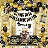 GYESXYW Black and Gold Party Decorations, Black and Gold Balloons Birthday Decorations, Happy Birthday Banner Golden Fringe Curtain Tablecloth Bday Sash Crown Pom Poms for Men Women Bday Decor
