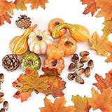 DOJoykey 70pcs Thanksgiving Decoration Set, Artificial Maple Leaves, Harvest Pumpkin, Small Acorns, Pine Cones and Gourds for Autumn, Fall and Halloween Home Party Decoration
