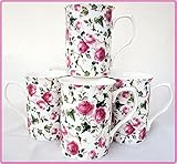 Ivy Rose Mugs Set of Six Fine Bone China Pink Roses Flowers Mugs Hand Decorated in The UK Free UK Delivery