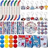 113 PCS Hockey Party Favors - 41PCS Stickers, 12PCS Goodie Bags, Button Badges, Slap Bracelets, Balls, Pencils, Keychains for Ice Hockey Sports Party Gift Supplies