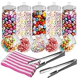 HEFTMAN 10 Retro Plastic Sweet Jars - Empty Sweet Jars With Lids, Vintage Victorian Style Sweets Jar Set, Pick & Mix Candy Buffet Kit for Parties With 2 Tongs & 50 Pink Candy Stripe Paper Bags