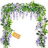 MOTONG Artificial Flowers Decoration, 2 Pcs (2M/7FT/Piecs) Fake Flowers Artificial Wisteria Vines, Artificial Vine Garland Plants Arts For Ceremony Home Garden Wedding Party Decoration(Purple)