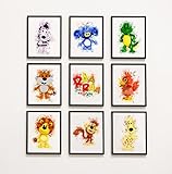 Raa Raa Noisy Lion and friends splash effect wall prints, set of 9 unframed A4 Noisy lion cartoon wall art prints, Super colourful prints for kids room